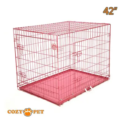 Dog Cage Pink inch Puppy Crate Cozy Pet Folding Metal Cage DC42P