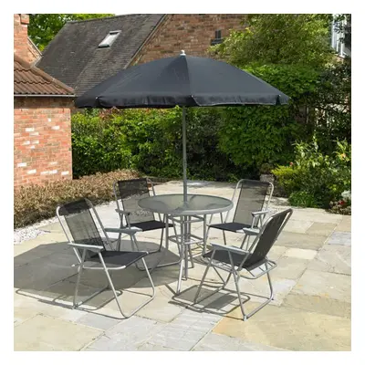 6 Piece Patio Set of Folding Chairs, Glass Topped Table and Parasol