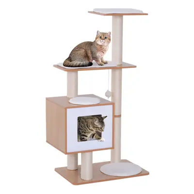 PawHut Wood Cat Tree Tower Scratching Post Kitten Activity Centre w/ Cushion