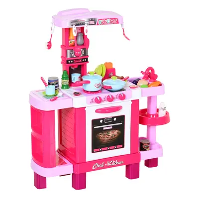 HOMCOM 38-Piece Children's Kitchen Play Set w/ Realistic Sounds Lights Food Pink