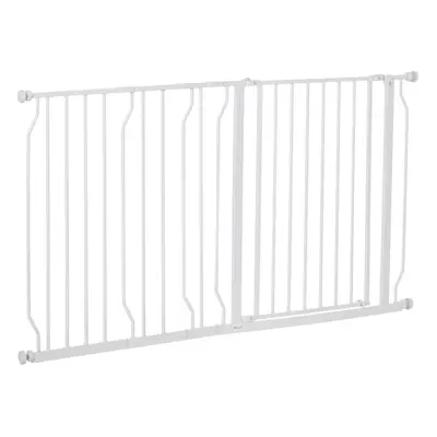 PawHut Dog Gate Wide Stair Gate w/ Door Pressure Fit, 75-145W cm, White