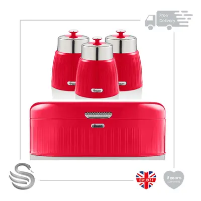 (Red) Swan Retro Bread Bin & Set of Canisters Stainless Steel Chrome Easy Wipe Clean