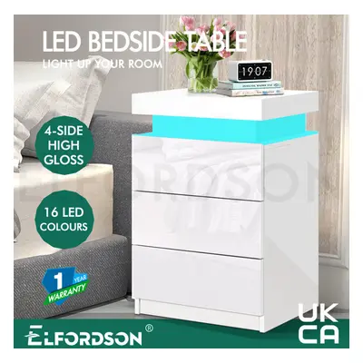 ELFORDSON Bedside Table RGB LED Nightstand Drawers Side High Gloss White