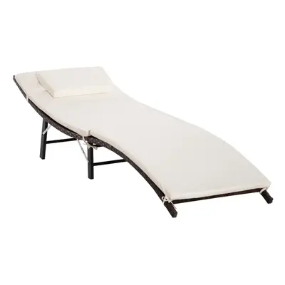 Outsunny Folding Rattan Sun Lounger with Cushion and Pillow, Cream