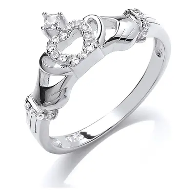 (R) Jewelco London Ladies Rhodium Plated Sterling Silver Cubic Zirconia Claddagh Dress Ring