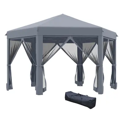 Outsunny 3.2m Pop Up Gazebo Hexagonal Canopy Tent Outdoor w/Sidewalls Grey