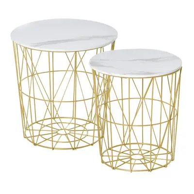 HOMCOM Set of Nesting End Tables Side Tables w/ Basket Removable Top, White