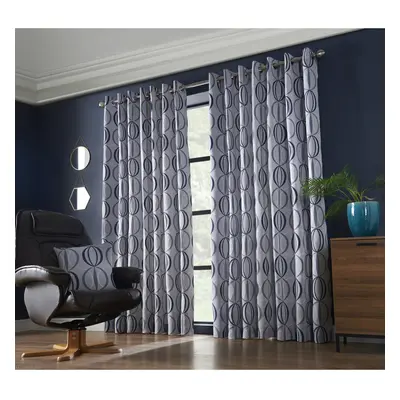 (90x90", Navy) Omega Eyelet Ring Top Curtain Pair Fully Lined Curtains Jacquard