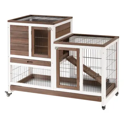 PawHut Wooden Indoor Rabbit Hutch Elevated Bunny Cage with Enclosed Run W/ Wheel