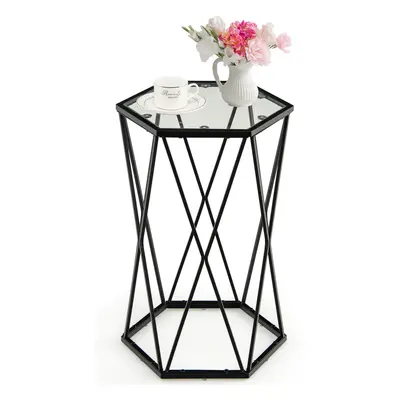 Hexagonal Side Table w/ Tempered Glass Top & Metal Frame