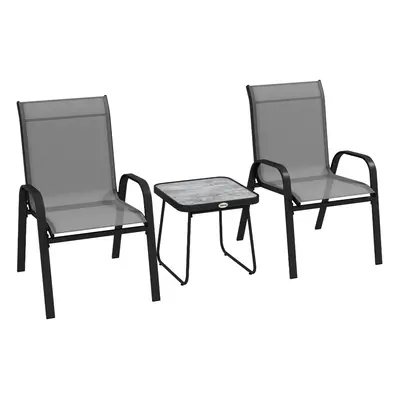 Outsunny 3PCs Bistro Set with Breathable Mesh Fabric Stackable Chairs Light Grey