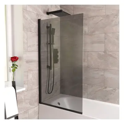 800mm Square Bath Screen Matt Black Profile Grey Tinted Glass Reversible | Sky