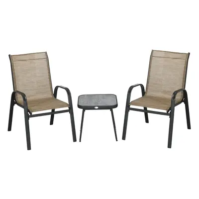 Outsunny 3PCs Bistro Set with Breathable Mesh Fabric Stackable Chairs Brown