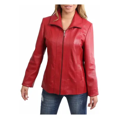 (Red, 22) Womens Classic Semi Fitted Biker Real Leather Jacket Nicole Red