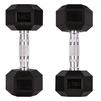 (Pair of 7.5KG (15KG Total)) GYM MASTER Hex Dumbbells Rubber Encased 1-30kg Cast Iron Weight Lif