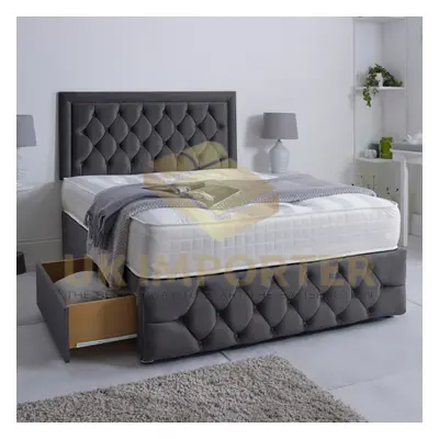 (Steel Plush, Small Double 4ft(with Drawers)) LUXURY DIVAN BED 26"HEADBOARD STORAGE DRAWER With 