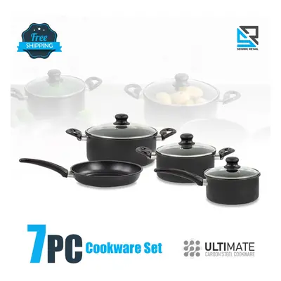 7PC Carbon Steel Non Stick Pan Set Cooking Pot With Glass Lid Cookware