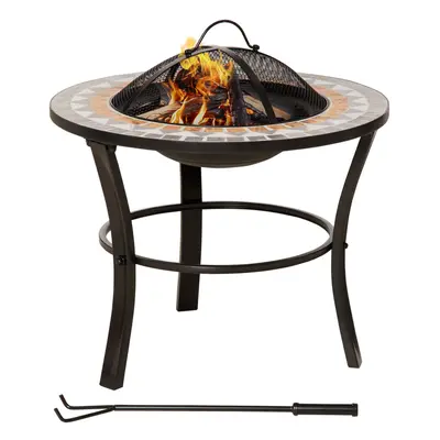 Outsunny 60cm Round Firepit with Mosaic Outer, Mesh Screen Lid and Poker