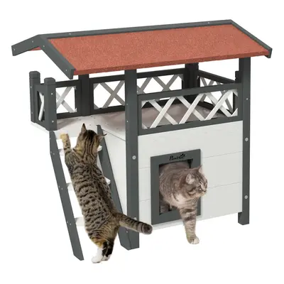 PawHut Outdoor Cat House w/ Balcony Stairs Roof, White