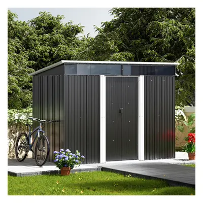 8 x ft Metal Garden Storage Shed Pent Roof Double Lockable Sliding Doors with Foundation Base, C