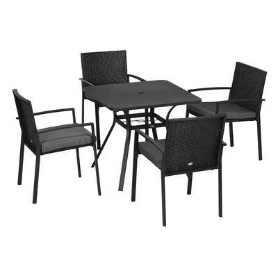 Outsunny Rattan Garden Dining Set for with Cushions Umbrella Hole, Black