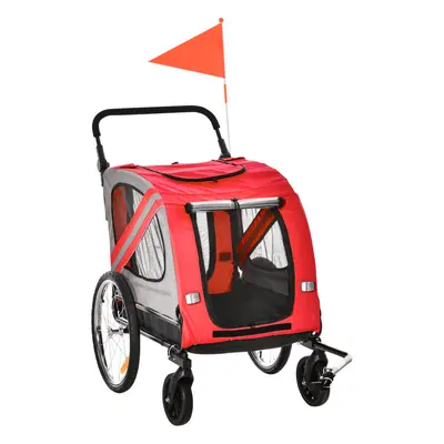 PawHut 2-In-1 Dog Bike Trailer Stroller w/ Universal Wheel Reflector Flag Red