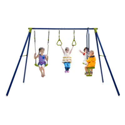 3-in-1 Children Swing Set Metal A-Frame Swing Set Swing Glider w/ Gym Ring