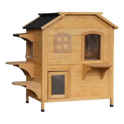 PawHut Wooden Cat House Cat Cave Pet Shelter Condos Outdoor Natural Wood Finish