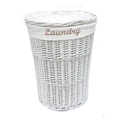 (White, LARGE) Wicker Round Laundry Basket With Lining