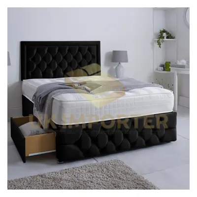 (Black Plush, King 5ft(without Drawer)) LUXURY DIVAN BED 26"HEADBOARD STORAGE DRAWER With MATTRE