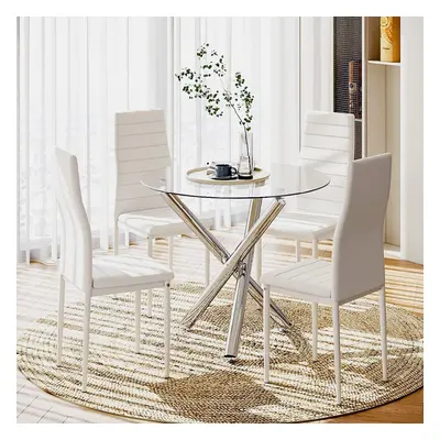 (Glass Table+4 White Chair) Dining Table and Chairs Set of 4, High Back PU Leather Chair with Gl