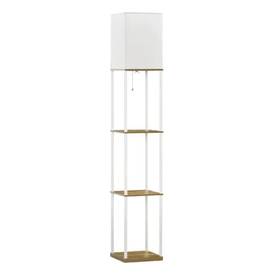 HOMCOM Modern Floor Lamp with Shelves and Fabric Lampshade for Living Room