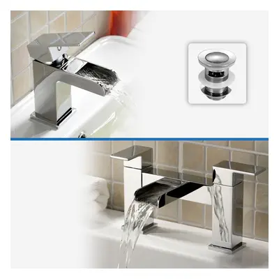 Origin Waterfall Mono Mixer Tap, Bath Filler Mixer Tap & Waste Chrome