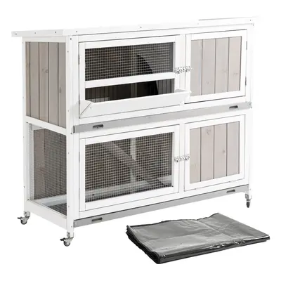 PawHut Two-Tier Wooden Rabbit Hutch w/ Wheels, Trough, Rain Cover, Tray - Grey