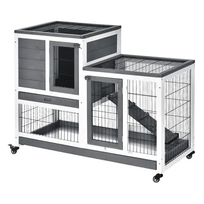 PawHut Wooden Indoor Rabbit Hutch Elevated Bunny Cage with Enclosed Run W/Wheel