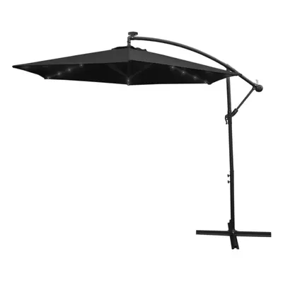 (Black, No Base) 3m LED Cantilever Parasol Banana Umbrella Garden