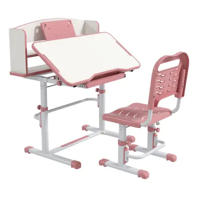 ZONEKIZ Height Adjustable Kids Desk and Chair Set, with Drawer, Bookshelf, Pink