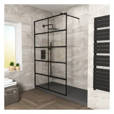 Stanley 900mm Black Grid Framed Walk-In Shower Enclosure with Support Bar