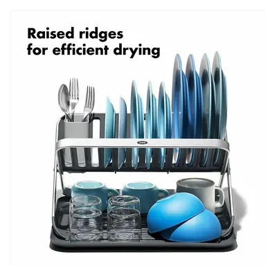 OXO Good Grips Aluminium Fold Flat Dish Rack Grey Non Slip Feet Raised Ridges