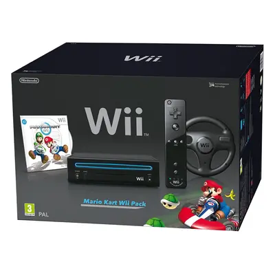 Nintendo Wii Console (Black) with Mario Kart Wii: Includes Wii Wheel and Wii Remote Plus