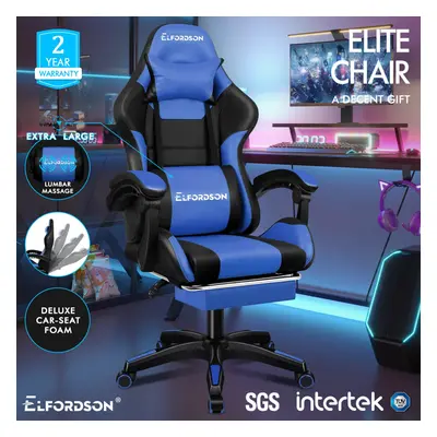 (Elite - Black & Blue) ELFORDSON Gaming Office Chair Extra Large Pillow Racing Footrest Seat PU 