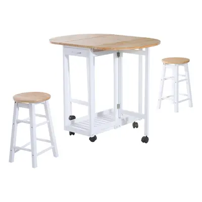 HOMCOM 3pc Wooden Kitchen Cart Trollet Table Folding Stools Space-saving