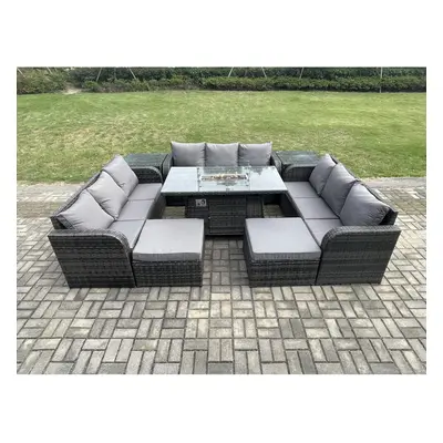 Fimous Outdoor Rattan Furniture Garden Dining Set Gas Fire Pit Table With Side Tables Lounge Sof