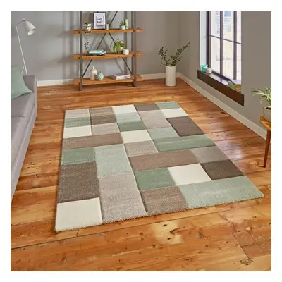 (160x220cm) Brooklyn Modern Rugs in Squares of Beige and Green Thick Soft Mats