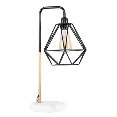 Retro Style Black/Gold Effect Metal & White Marble Table Lamp with a Black Metal Basket Cage Sha