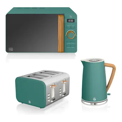 (Green) Swan Nordic 1.7 Litre Jug Kettle, Slice Toaster & Microwave 800W LED Freestanding