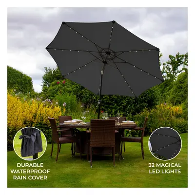 (Grey) 2.7m LED Tilt Parasol Lights Garden Umbrella