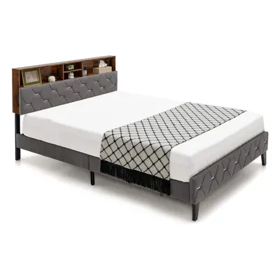 King Platform Bed Frame Upholstered Slat Bed W/ Storage Headboard