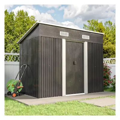 (Charcoal Black, 4x8ft) Metal Garden Shed Flat Roof Outdoor Storage House Tool Box + Steel Base