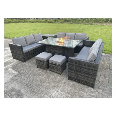 Fimous Outdoor Rattan Garden Furniture Gas Fire Pit Dining Table Gas Heater Sets Seater